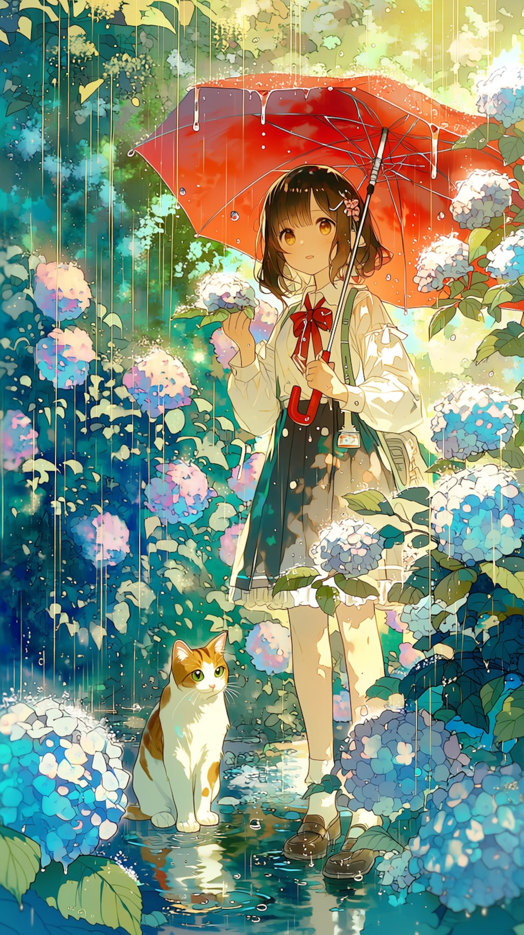 赤い傘をさした女の子と猫