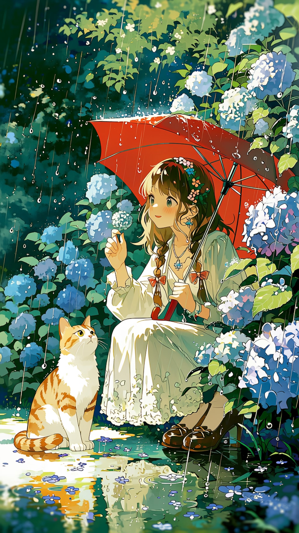 赤い傘をさした女の子と猫