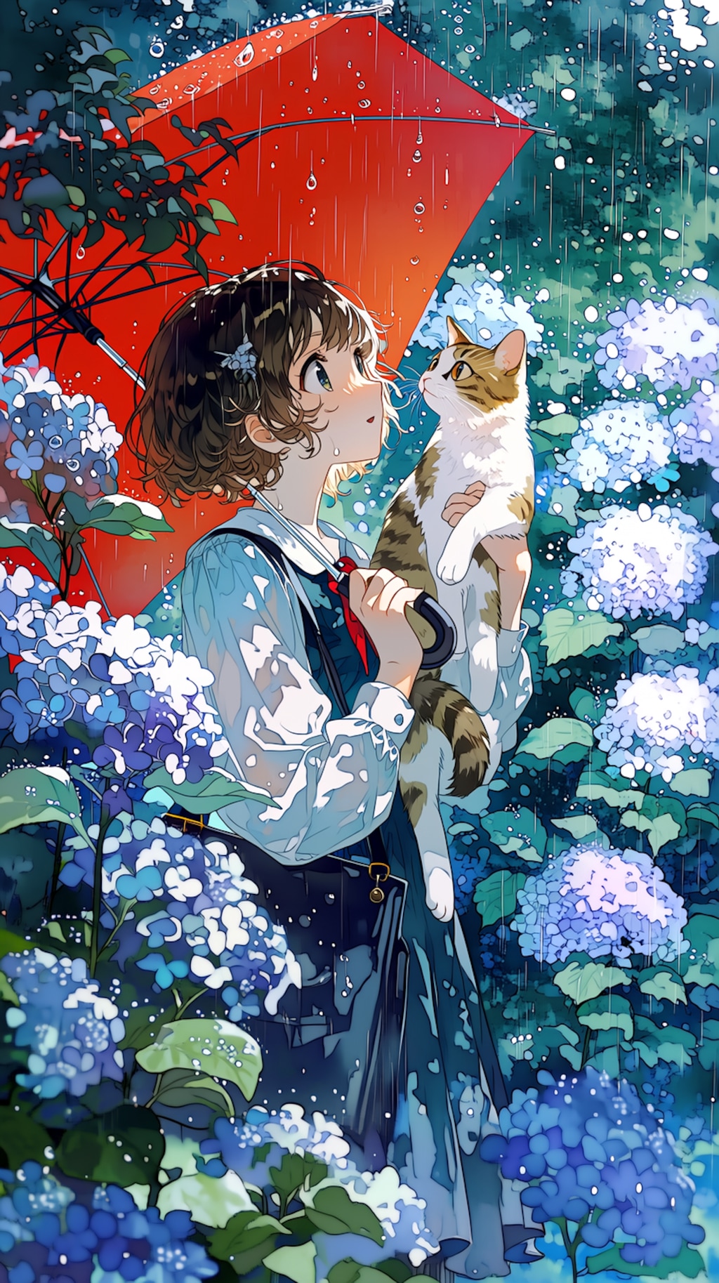 赤い傘をさした女の子と猫