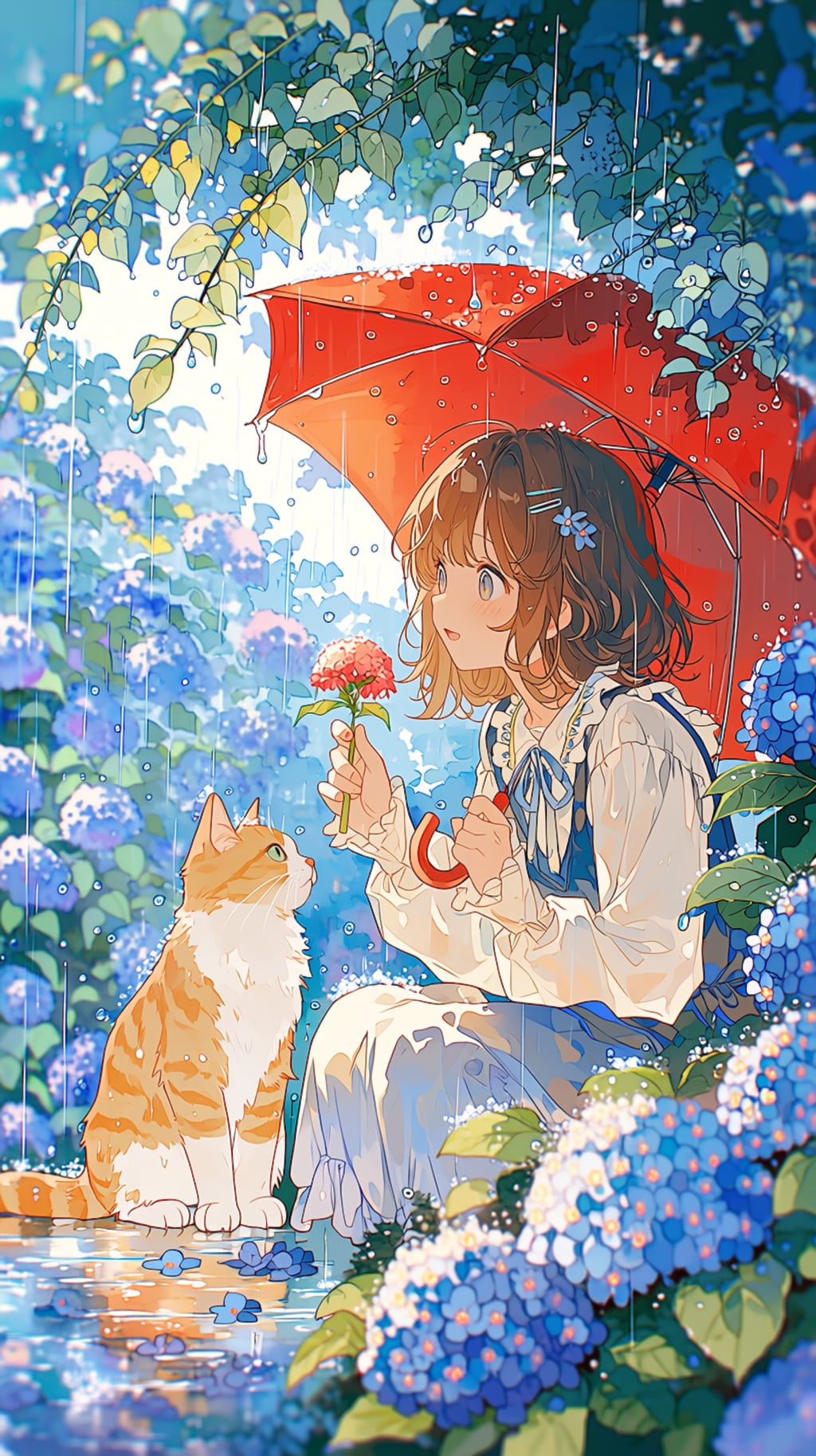 赤い傘をさした女の子と猫