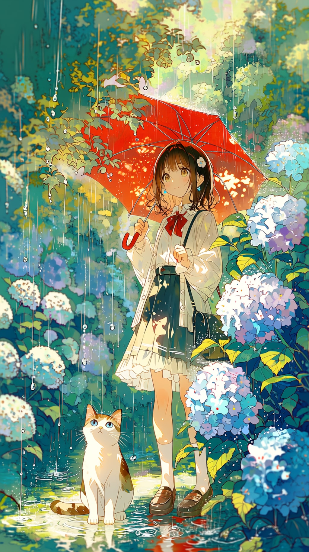 赤い傘をさした女の子と猫