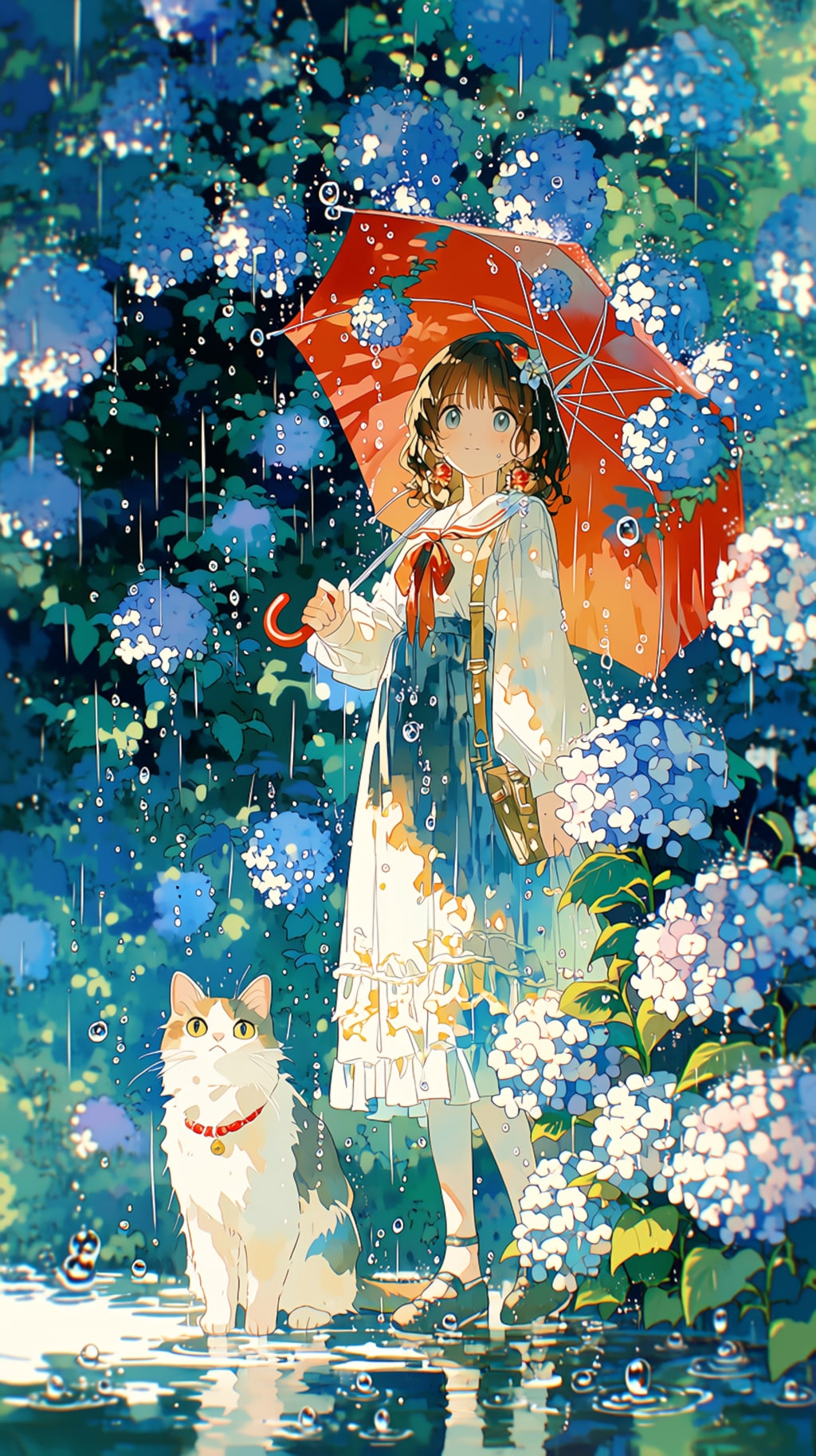 赤い傘をさした女の子と猫