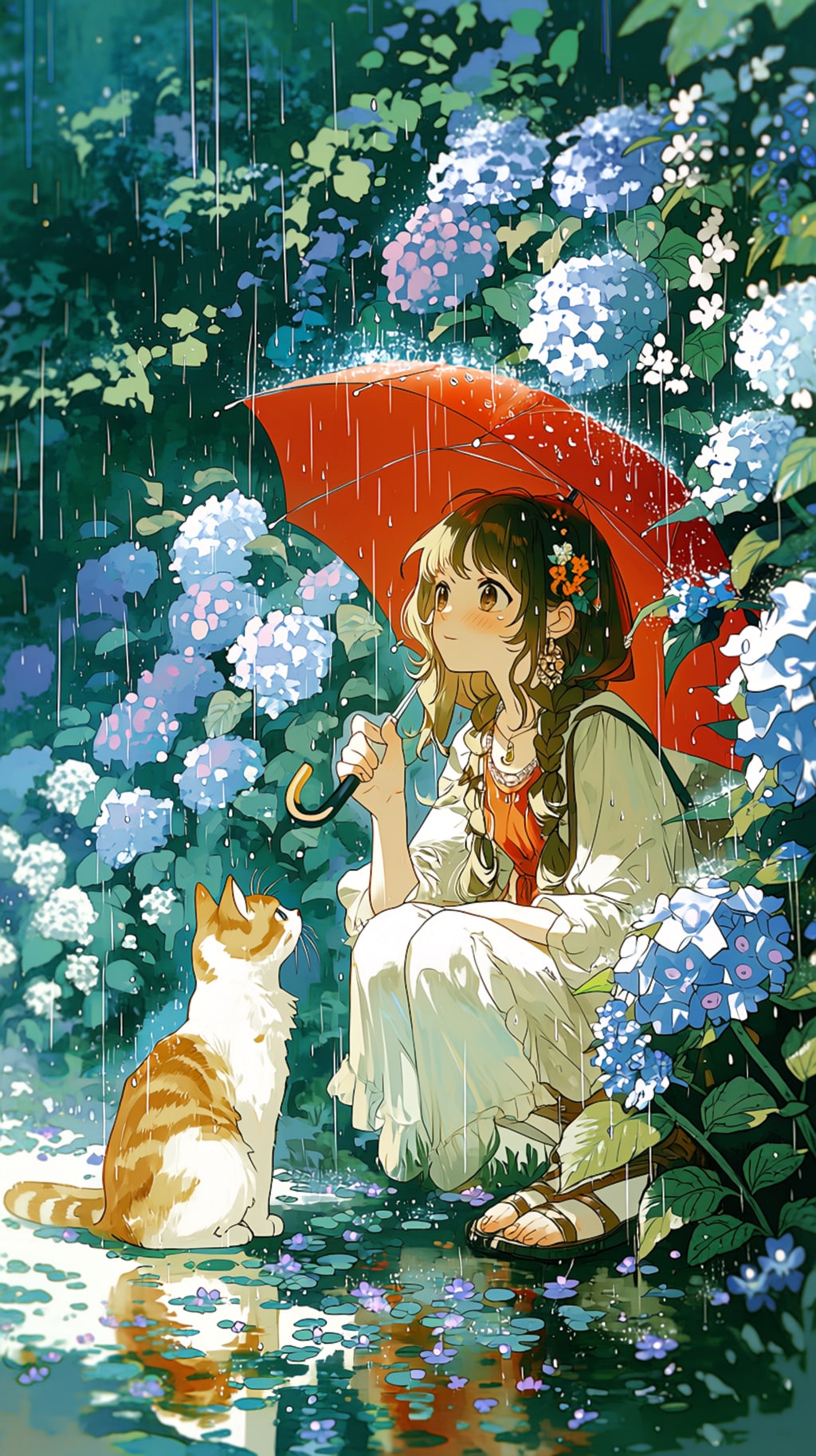 赤い傘をさした女の子と猫