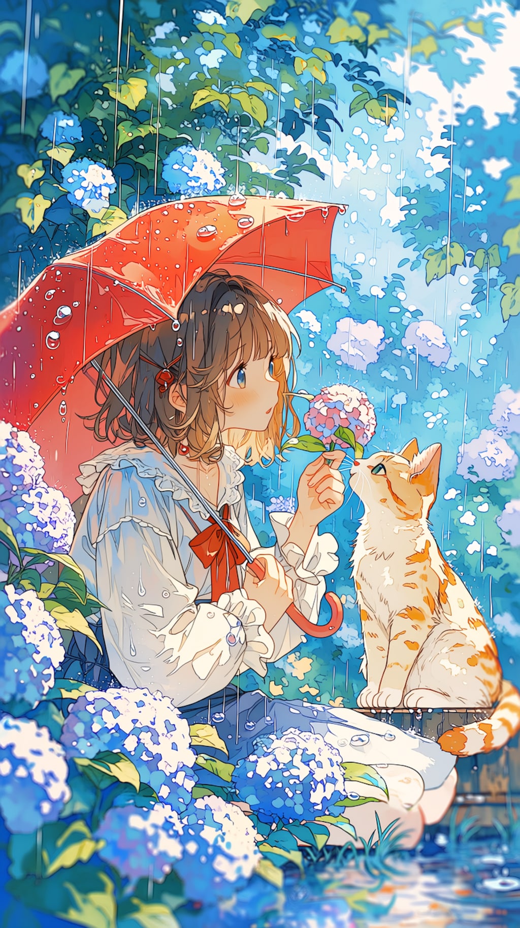 赤い傘をさした女の子と猫