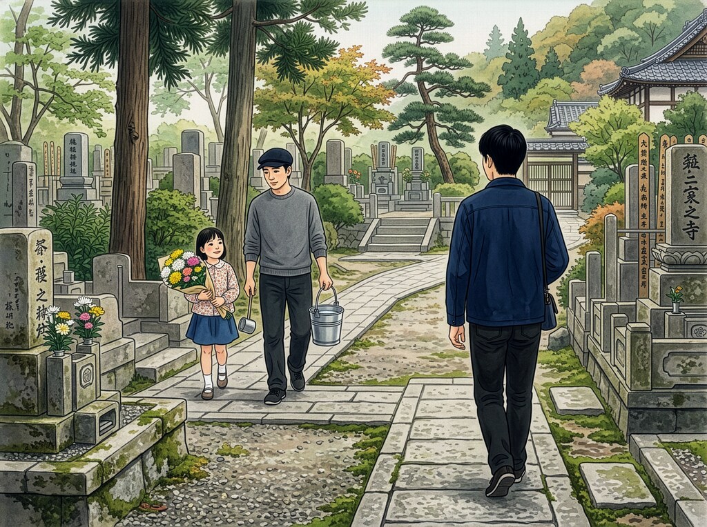 墓地で