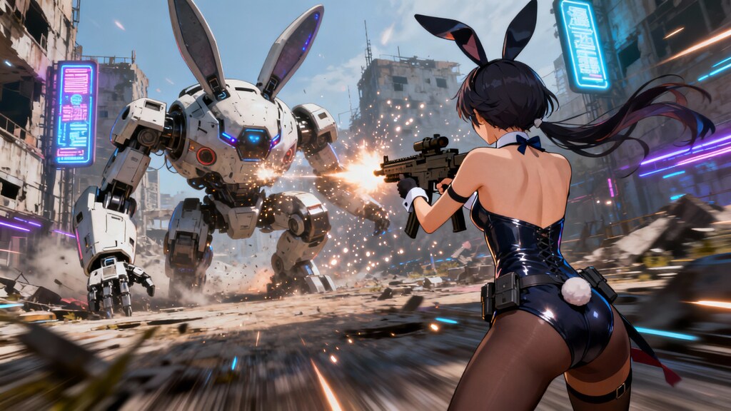 生身のバニーが暴走したメカバニーと戦う架空TPSゲーム（三人称視点のゲームのことです♪）