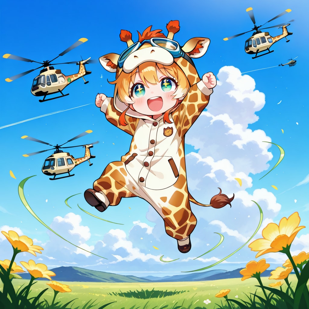 ヘリコプターとキリン着ぐるみちび子ちゃん | の人気AIイラスト・グラビア