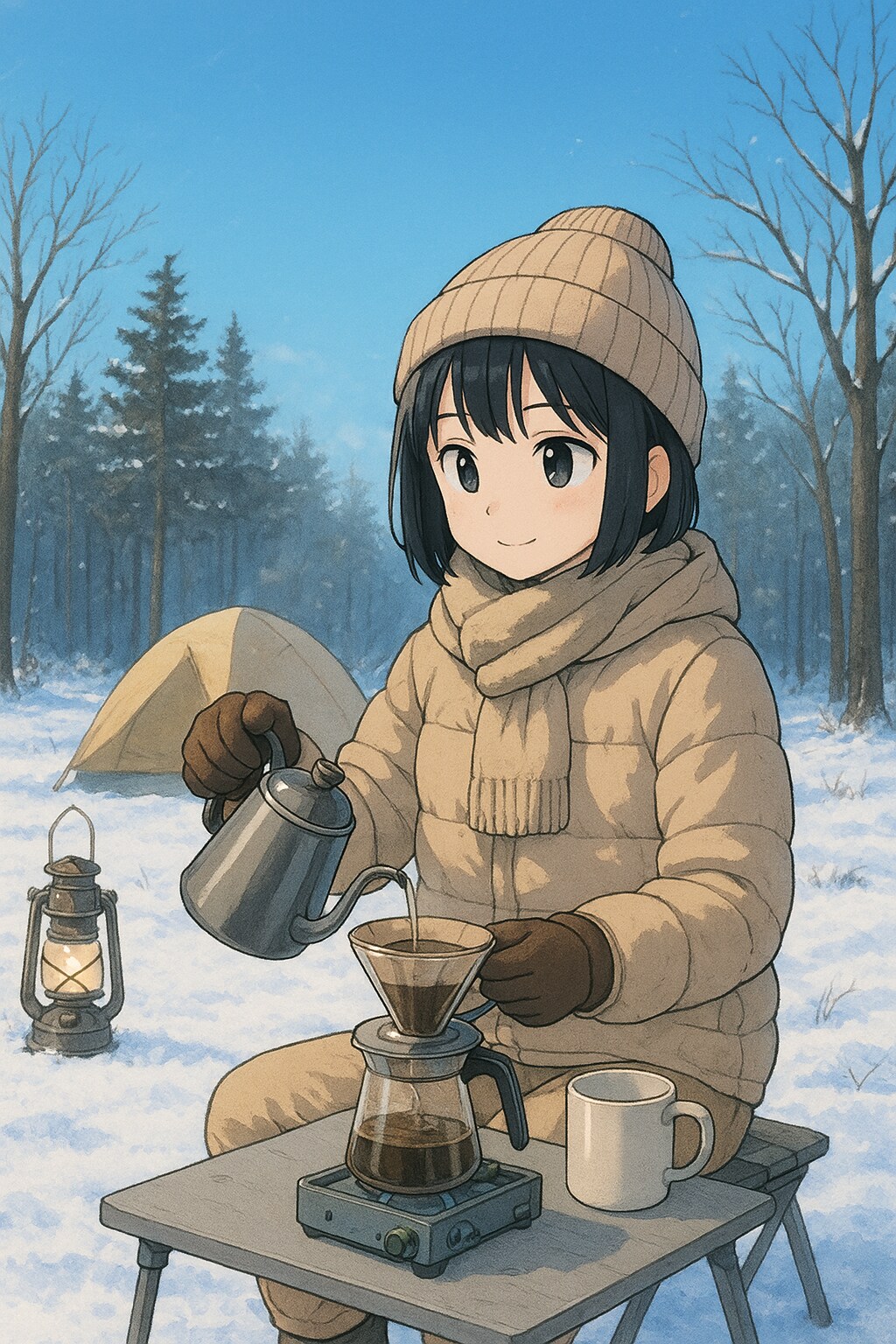 キャンプ場でコーヒーを入れている女の子