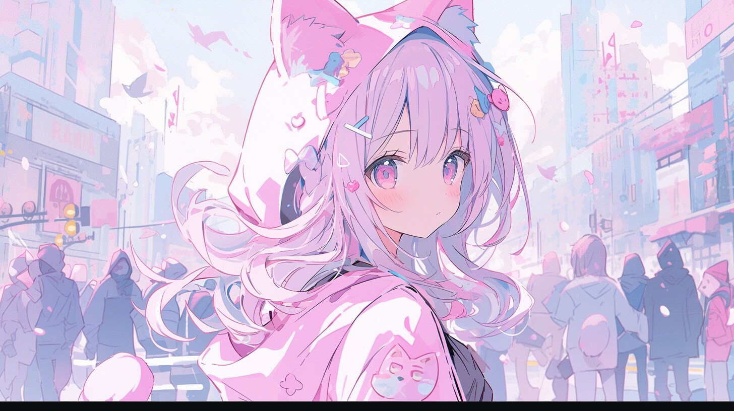 猫耳少女のピンク街角冒険 | の人気AIイラスト・グラビア