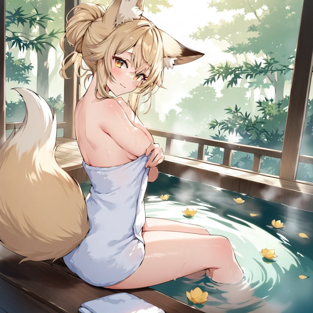 温泉のフチに座る狐耳さん