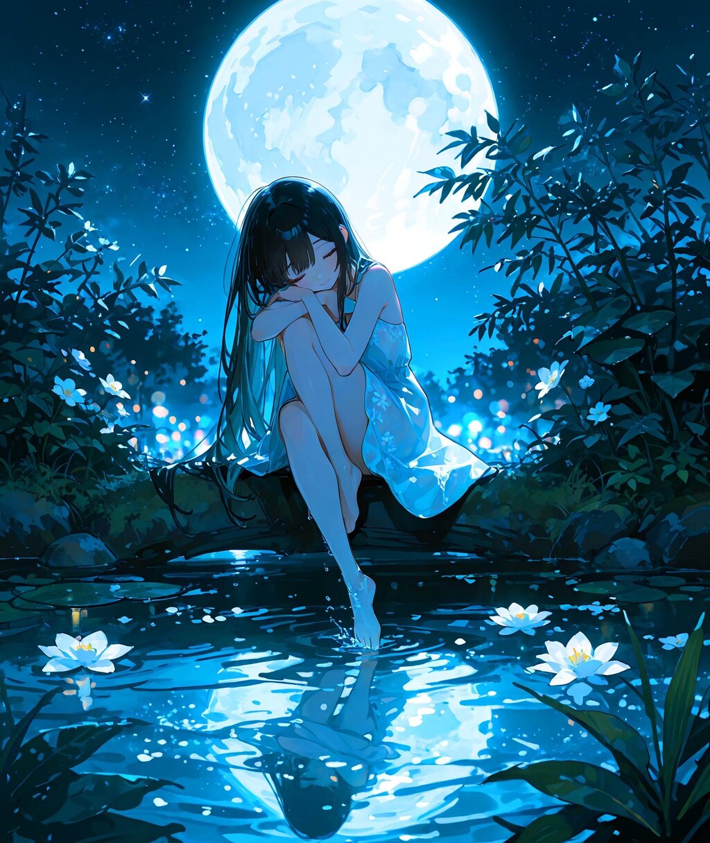 月と水辺の少女