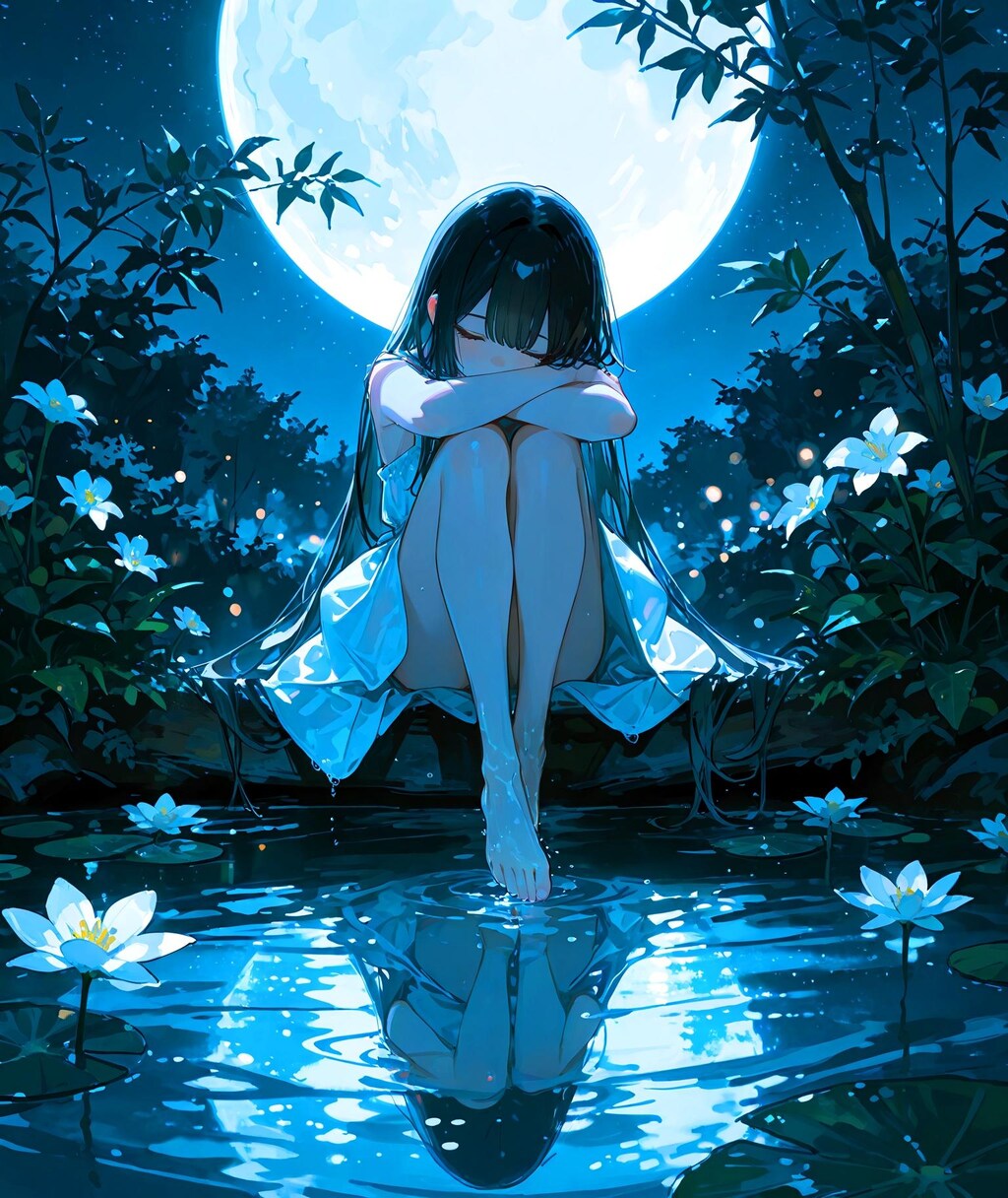 月と水辺の少女