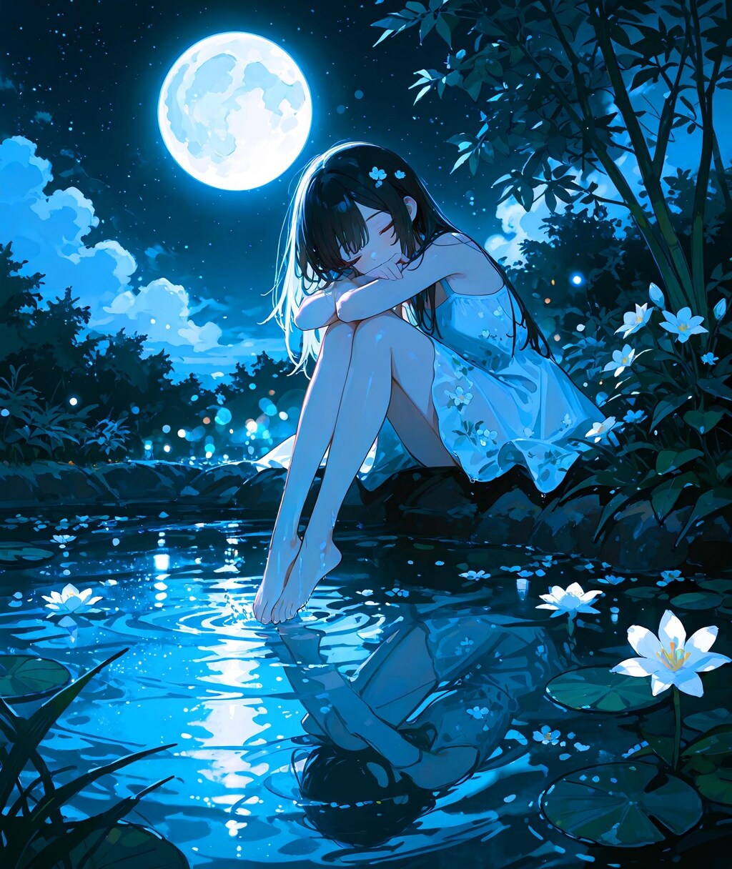月と水辺の少女