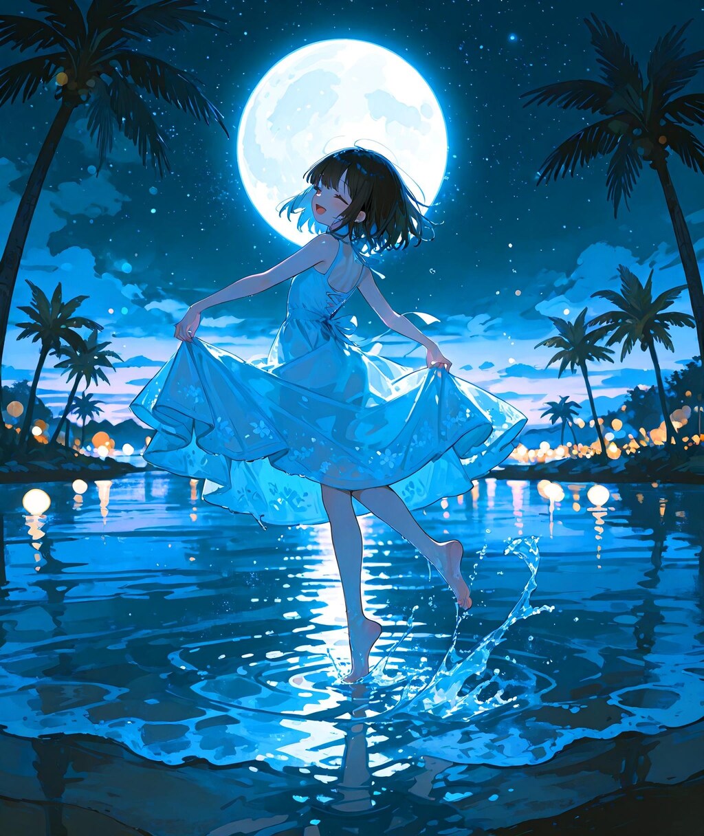 月と水辺の少女