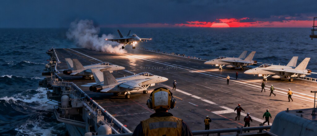 日暮れの訓練、空母に着艦する戦闘機