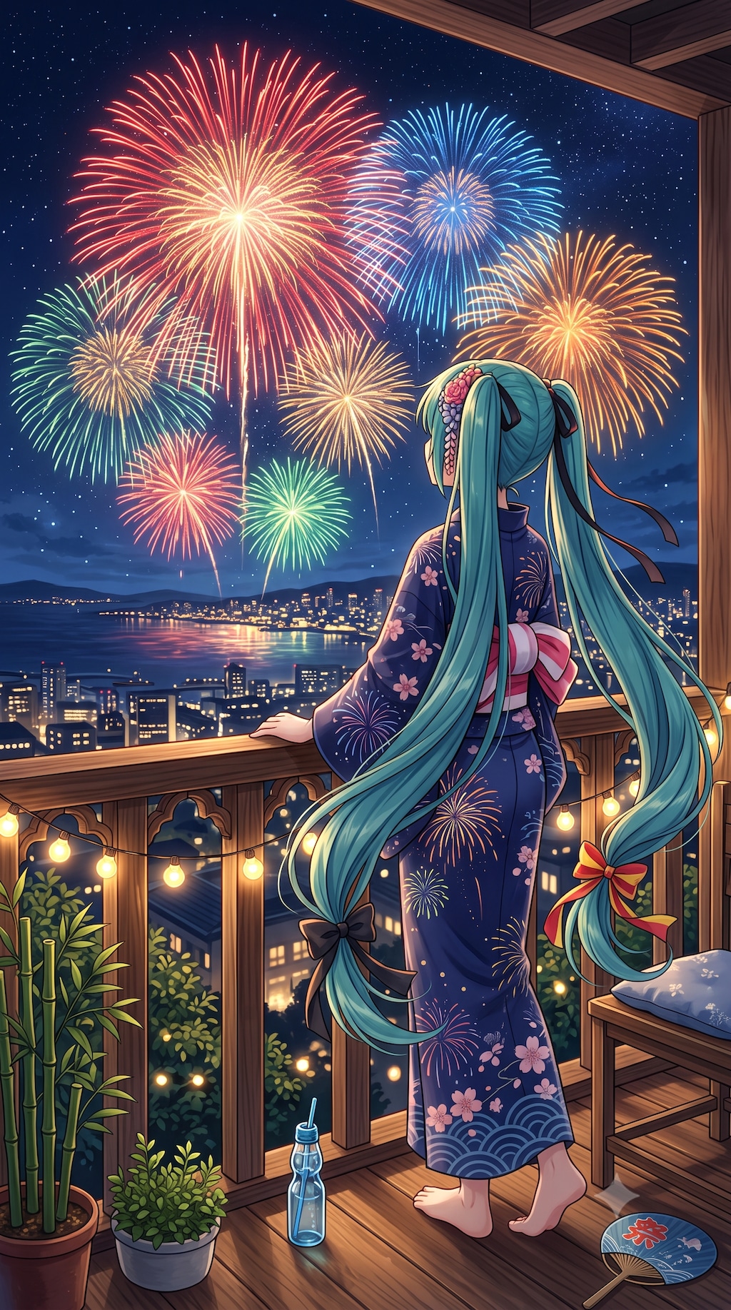 花火を見ているミクさん