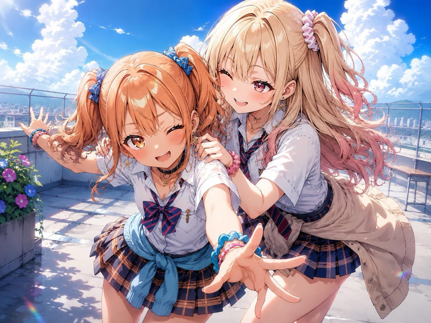 学校の屋上で戯れるギャル2人︎💕︎ | の人気AIイラスト・グラビア