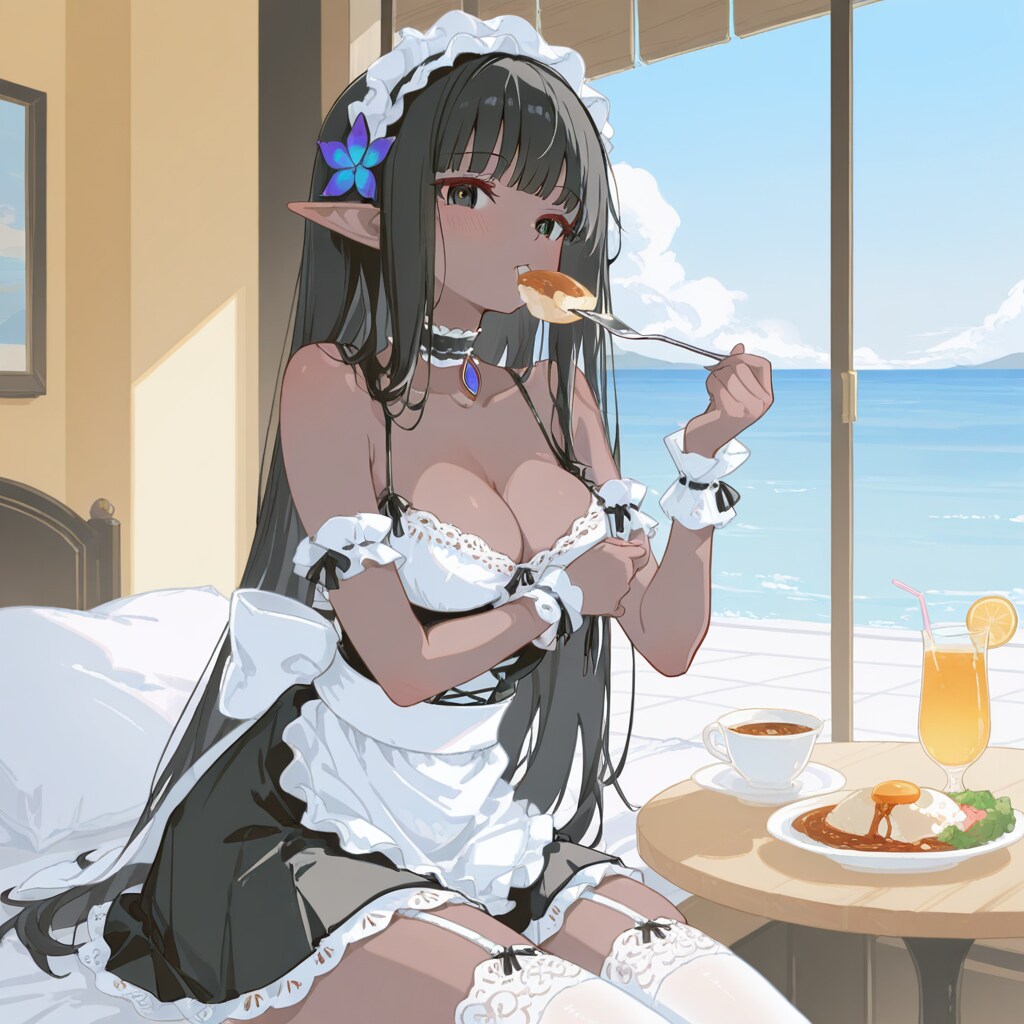 ご主人様、起きるの遅い。先に食べてますよ。