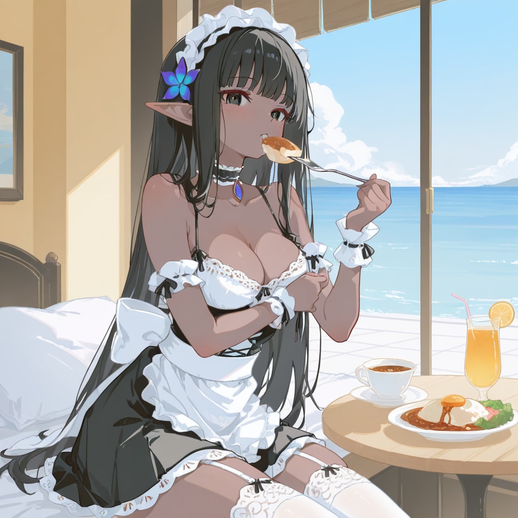 ご主人様、起きるの遅い。先に食べてますよ。
