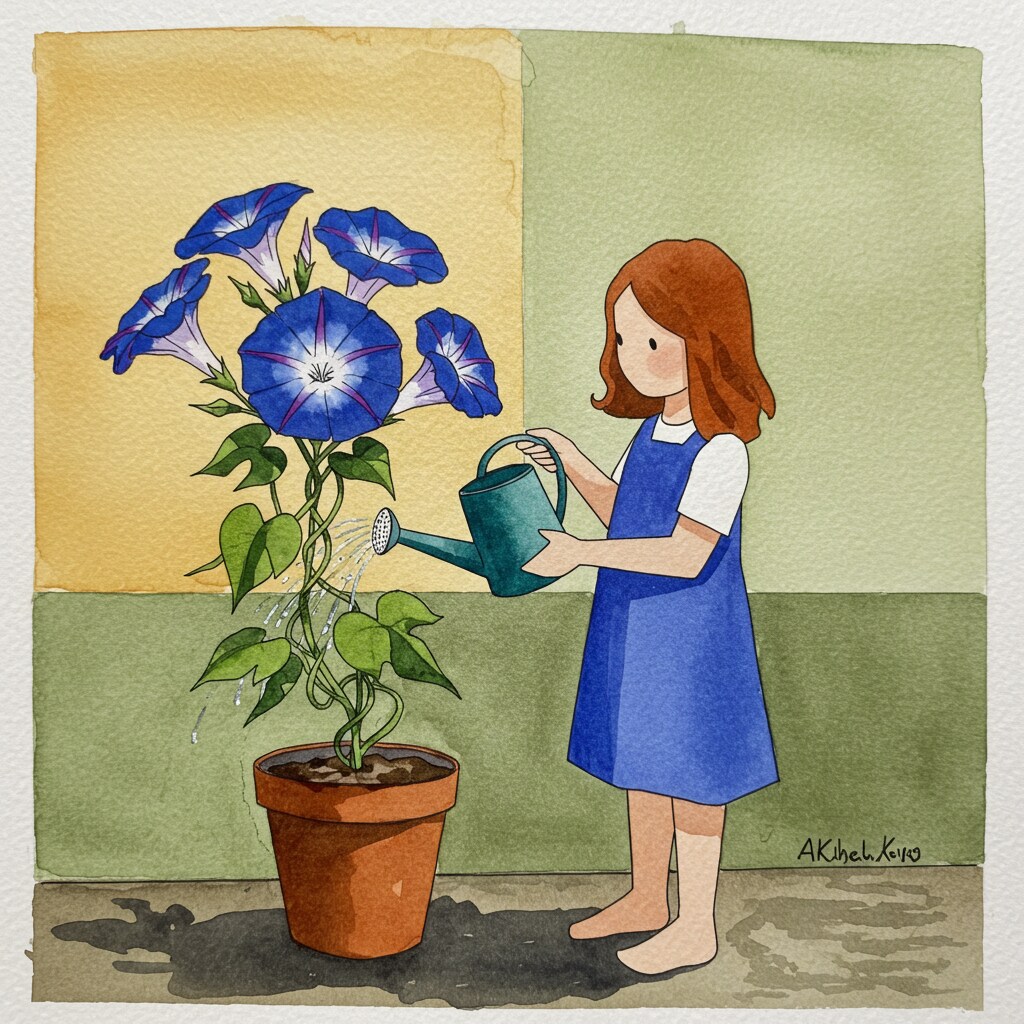 朝顔に水をやる女の子