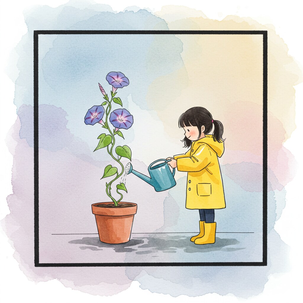 朝顔に水をやる女の子