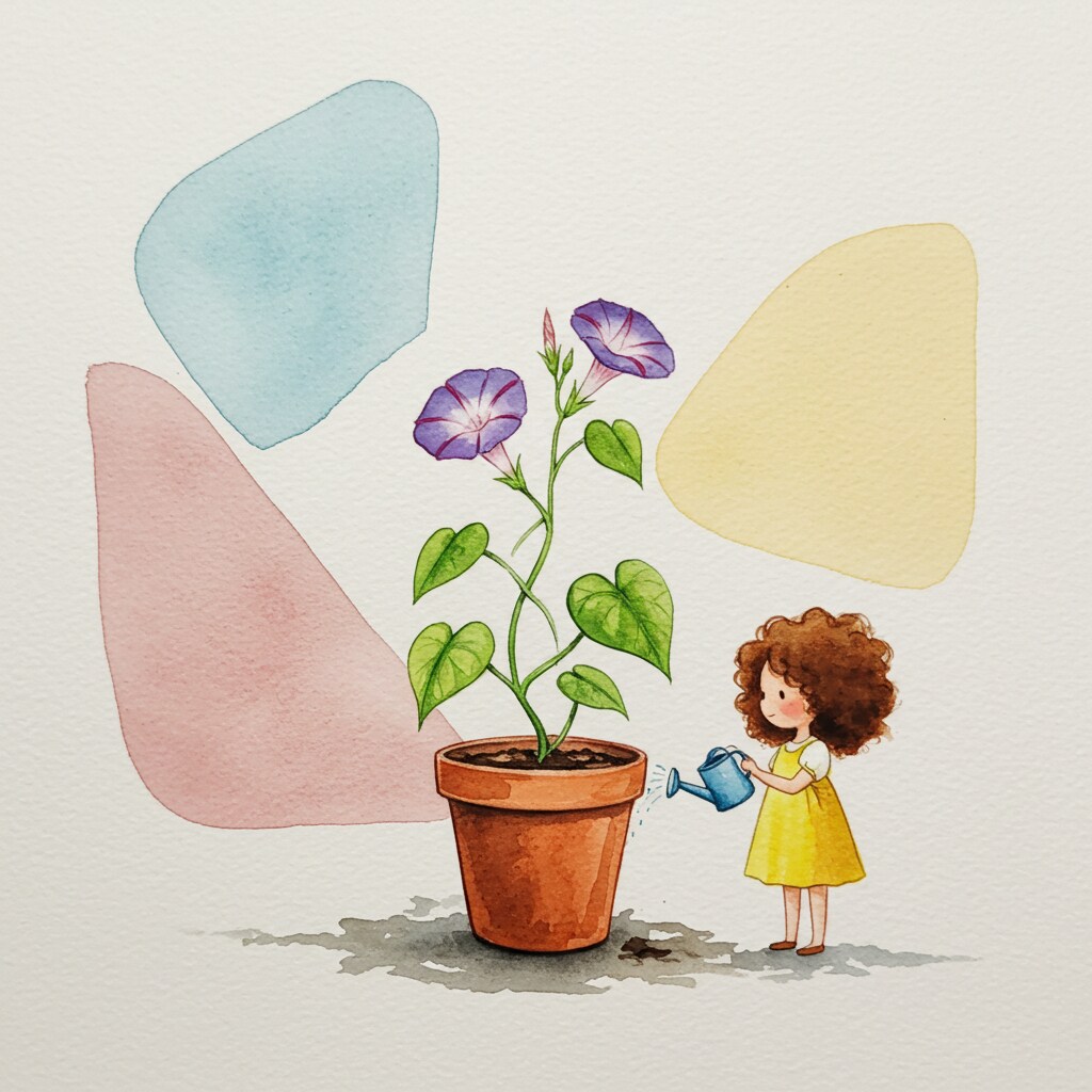 朝顔に水をやる女の子