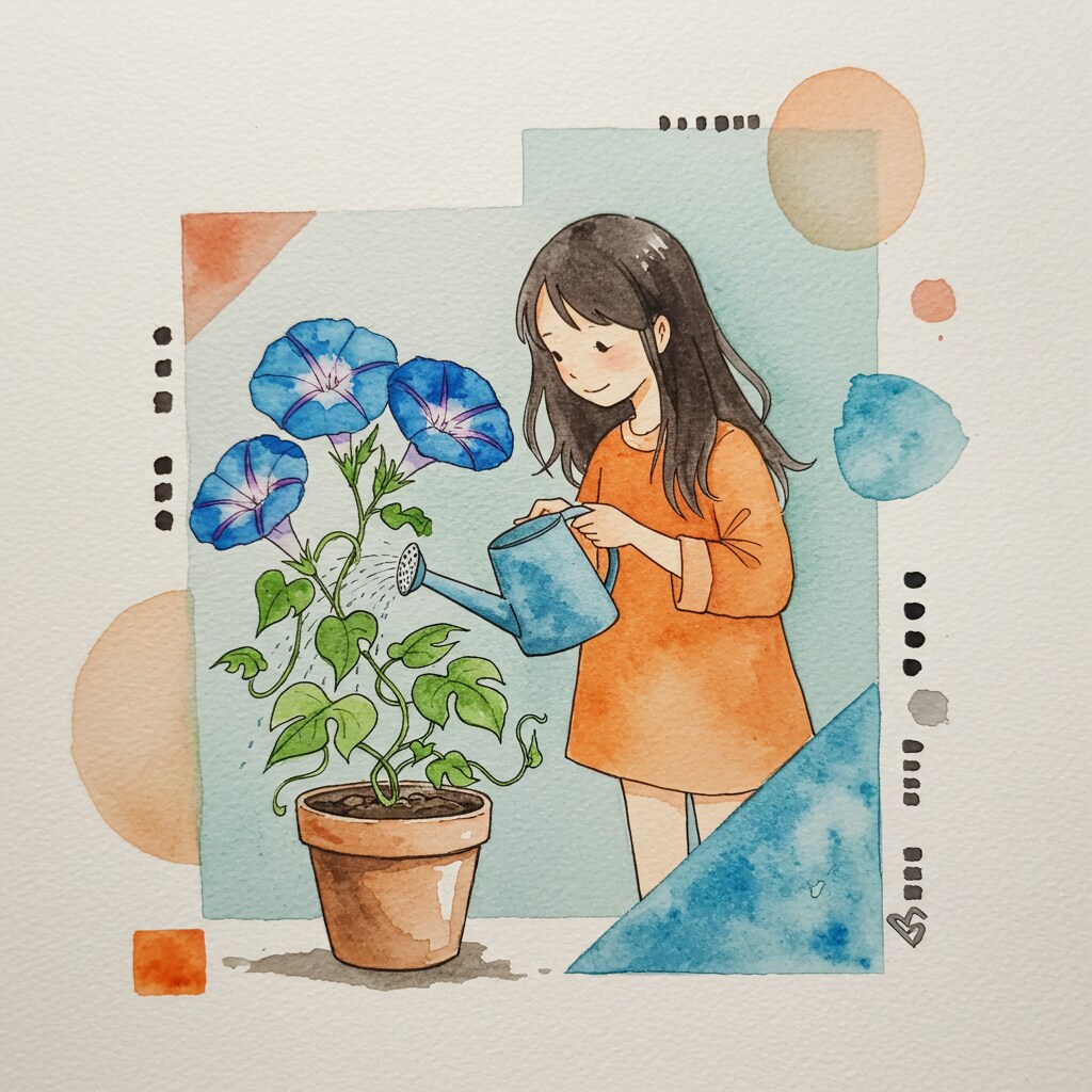 朝顔に水をやる女の子