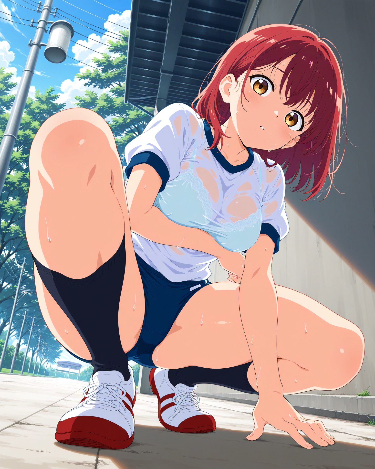 しゃがんでいる所を下から