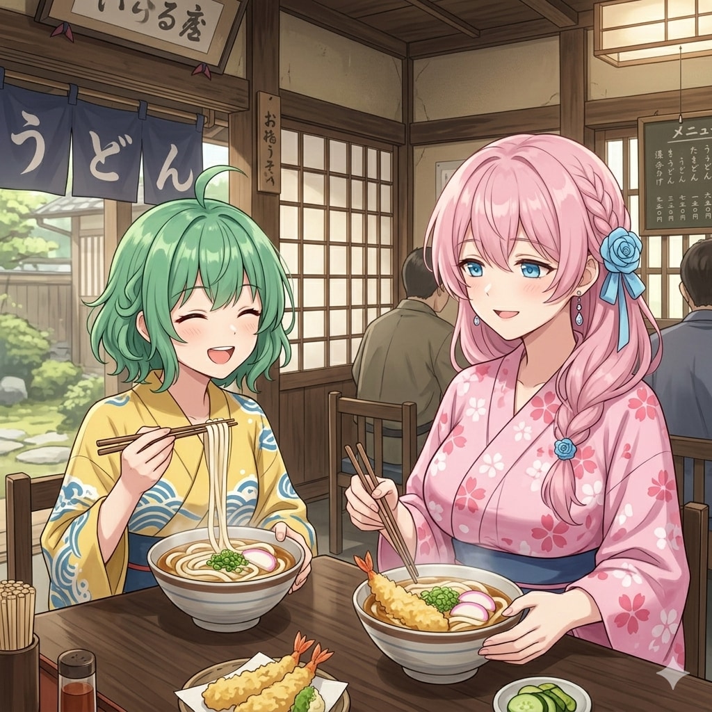 名物うどんを食べる、ひなみとこまの