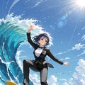 タキシードでサーフィンをする女の子 3枚目