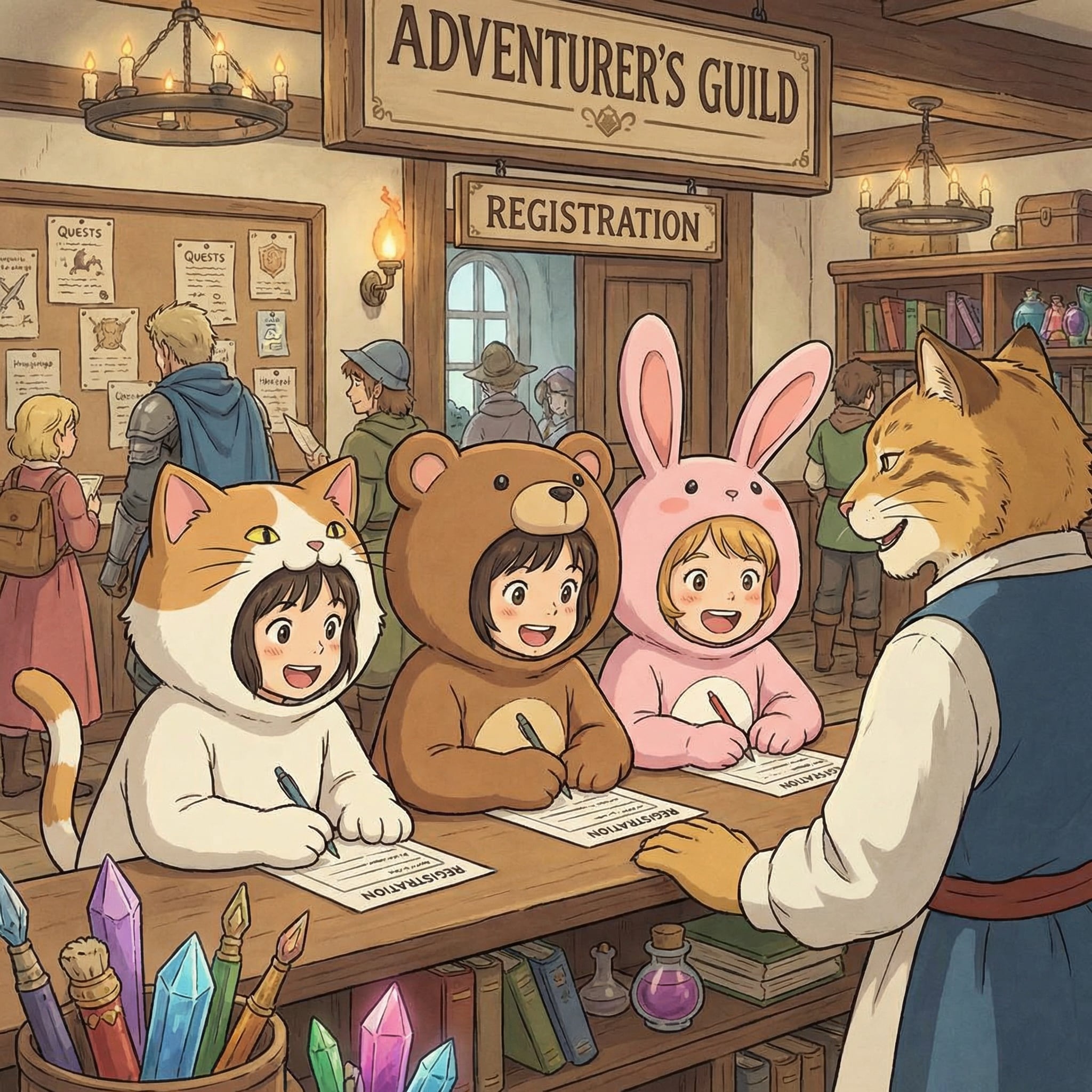 【All0403b】きぐるみパーティ冒険者ギルドに登録する（モデル: Gemini 3 Pro） | の人気AIイラスト・グラビア