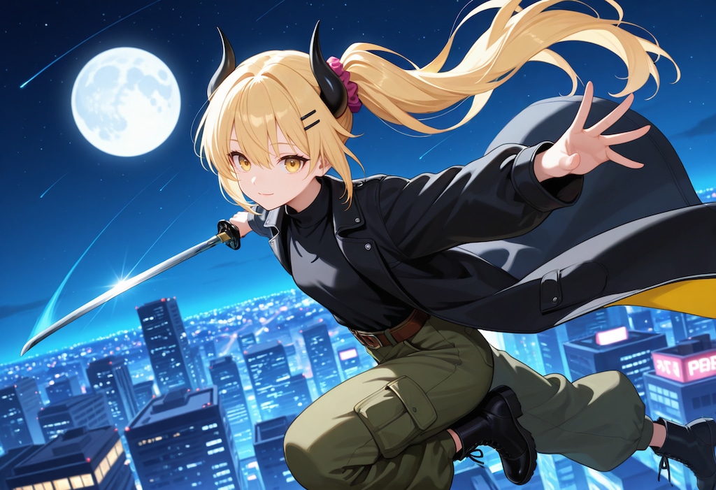 星空の街を飛び回る女鬼高生さん