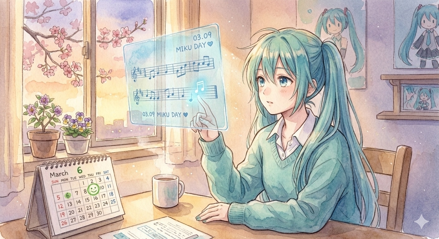 水彩画ミクさん　ミクの日の準備 夕暮れの窓辺で | の人気AIイラスト・グラビア