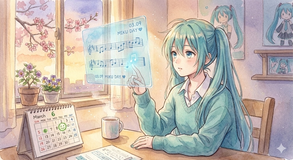 水彩画ミクさん　ミクの日の準備 夕暮れの窓辺で