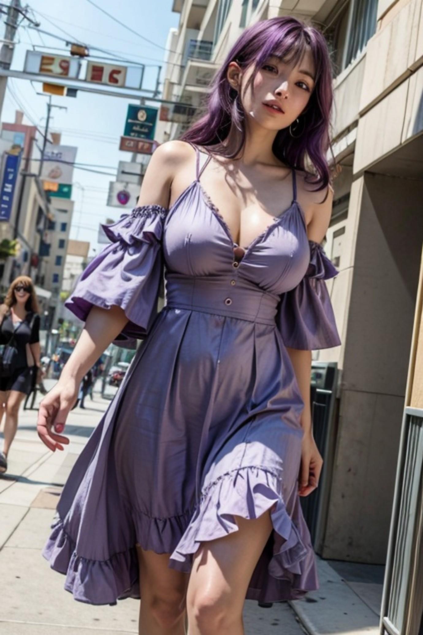 歩く紫髪の人