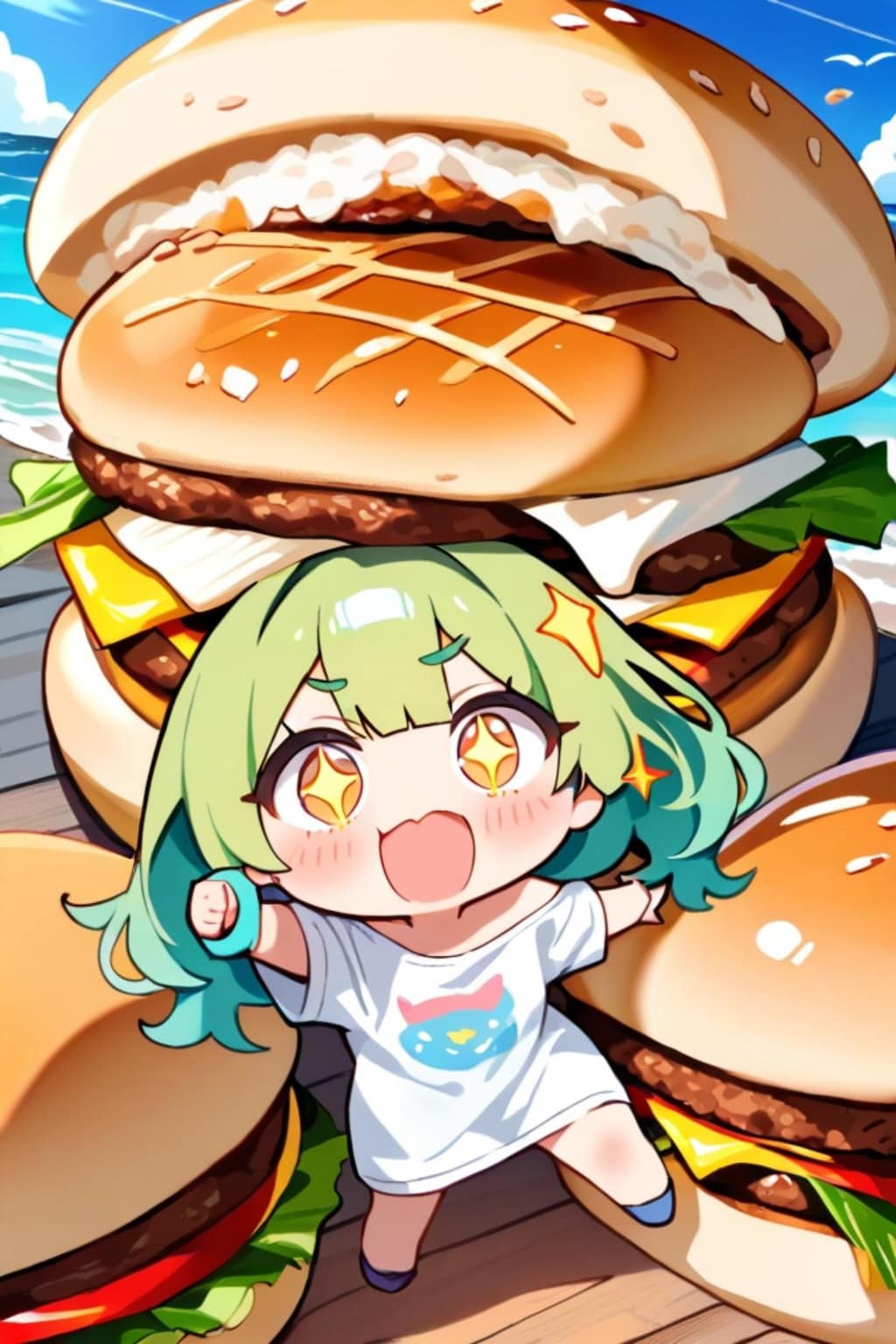 ハンバーガーと緑髪ちゃん