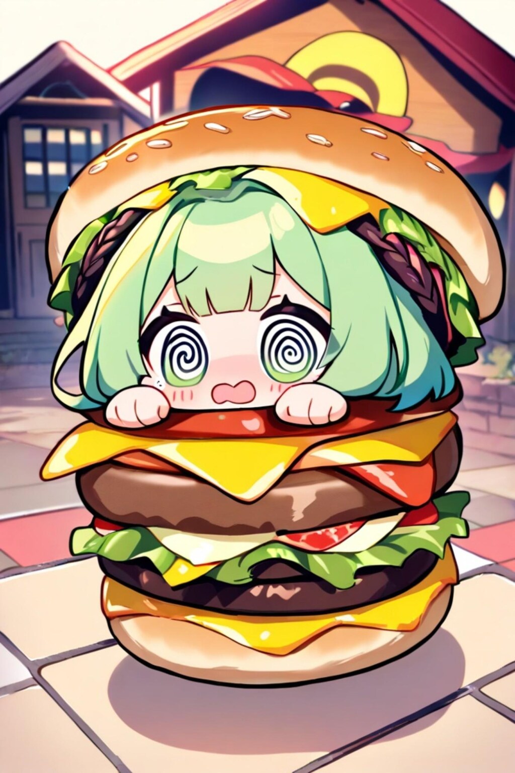 ハンバーガーと緑髪ちゃん