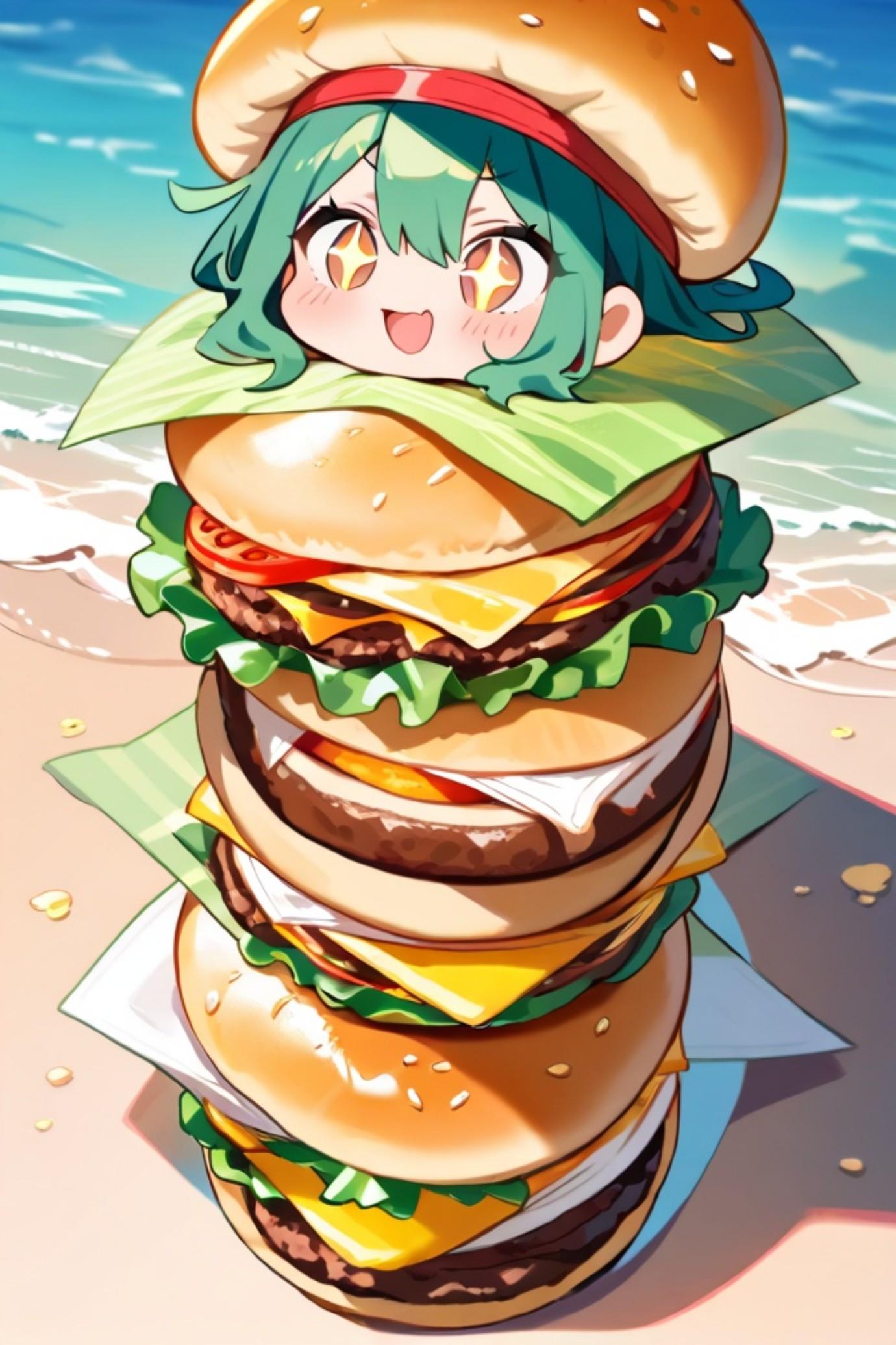 ハンバーガーと緑髪ちゃん | の人気AIイラスト・グラビア