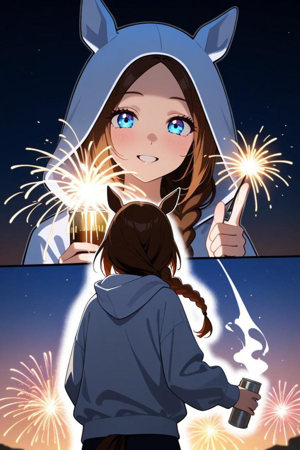 ウマ耳フードで冬花火