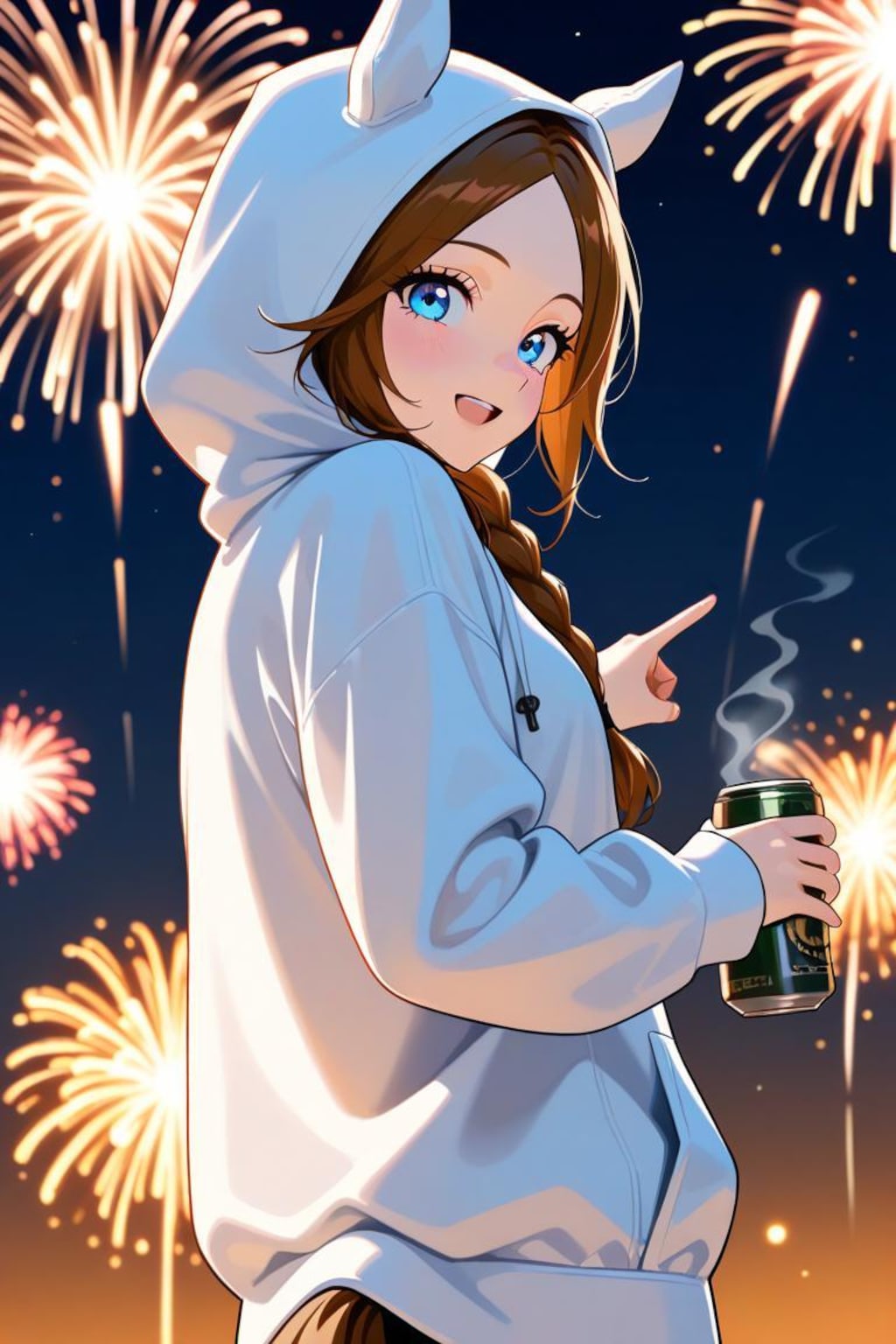 ウマ耳フードで冬花火