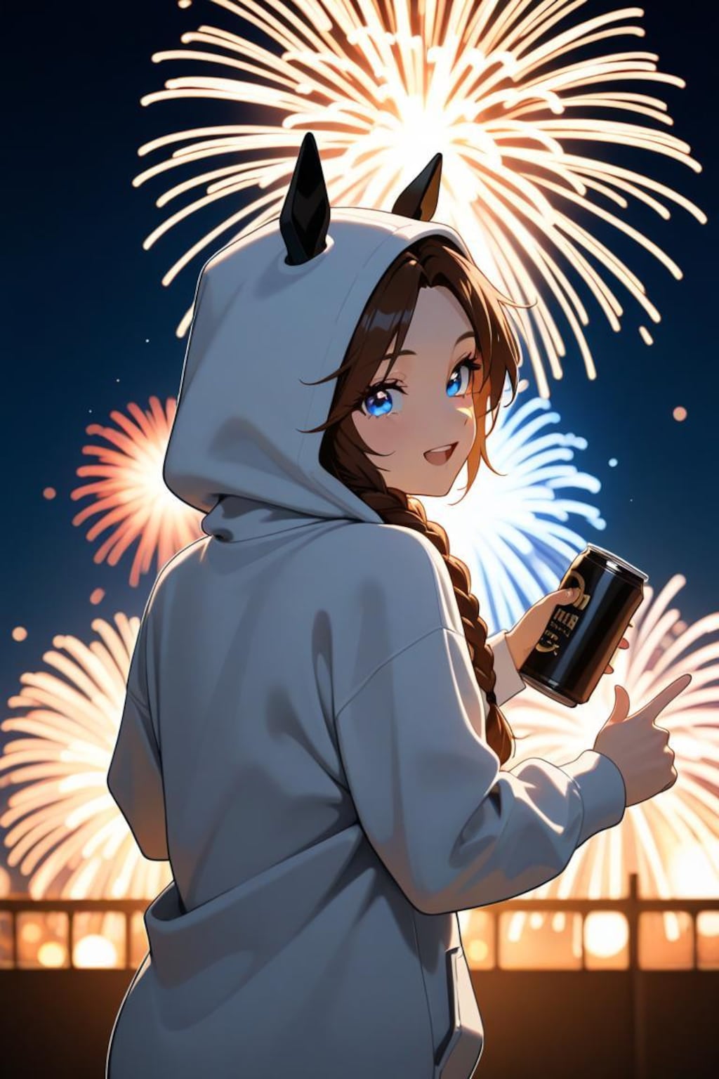 ウマ耳フードで冬花火