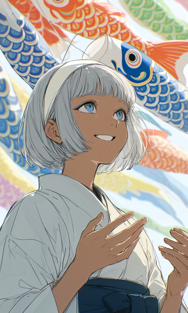 鯉のぼりと少年