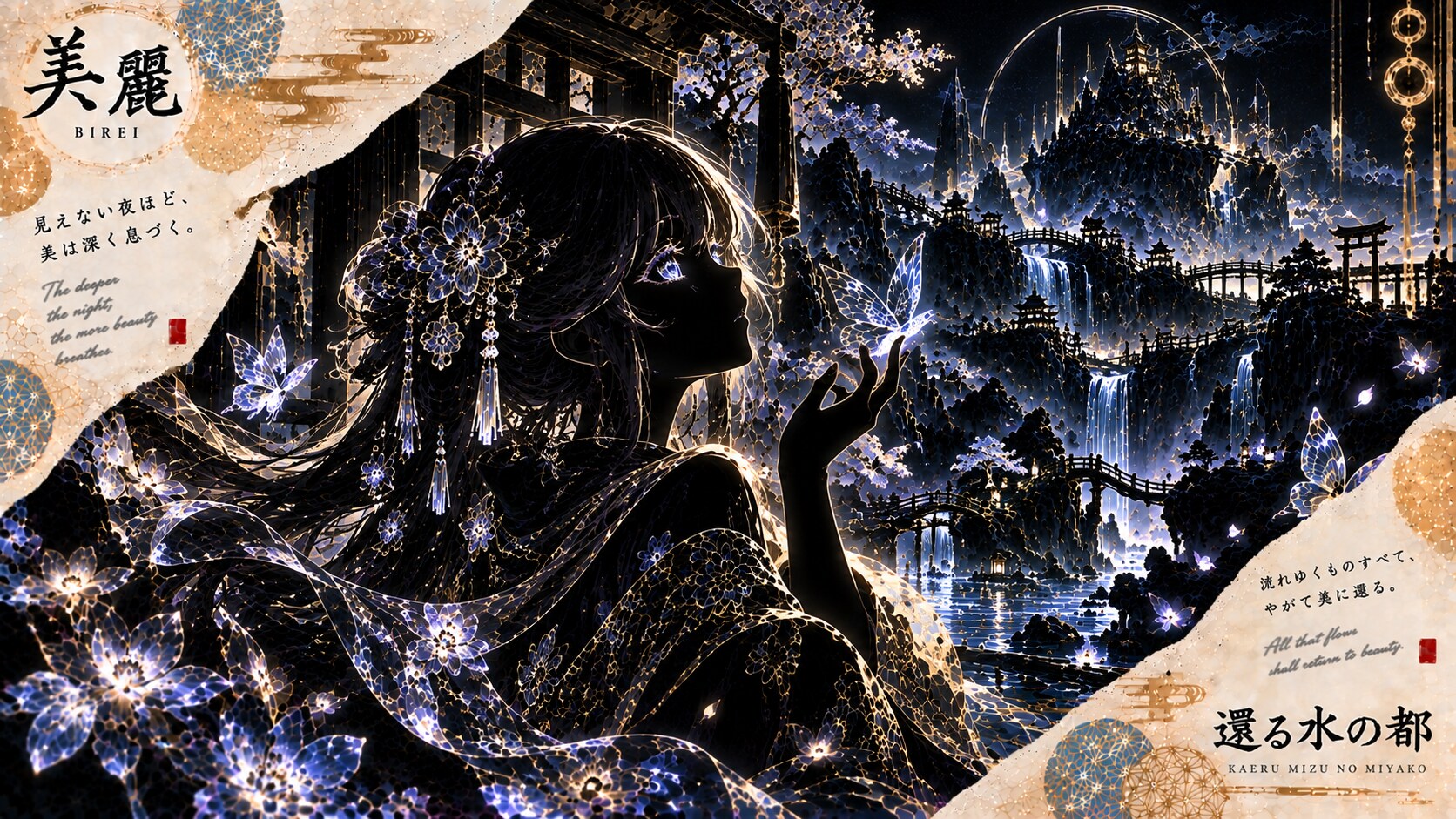 The City of Returning Waters  The deeper the night, the more beauty breathes.  Against the dark, a l | の人気AIイラスト・グラビア