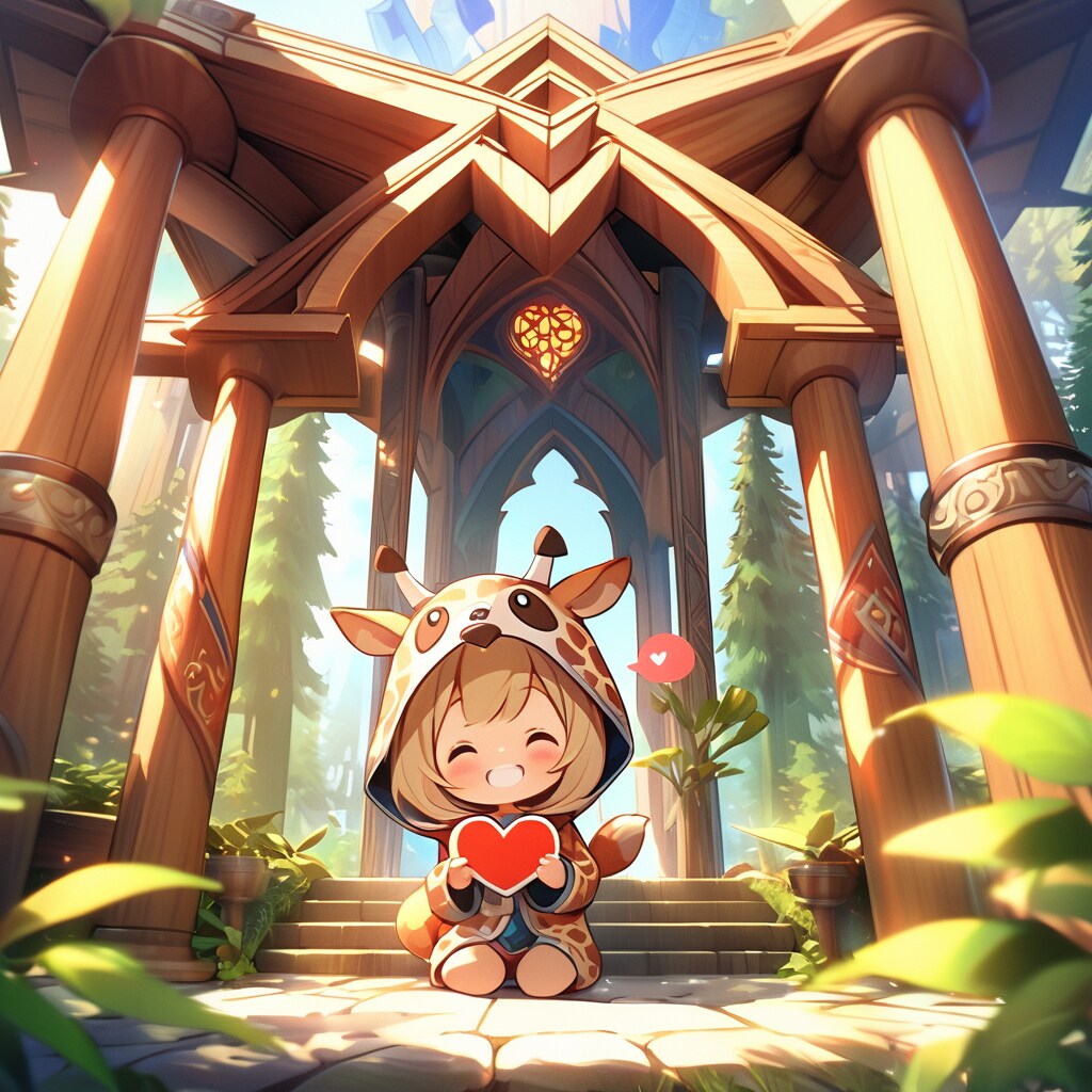 巨大な木造建築の教会を散策するキリン着ぐるみちび子ちゃん