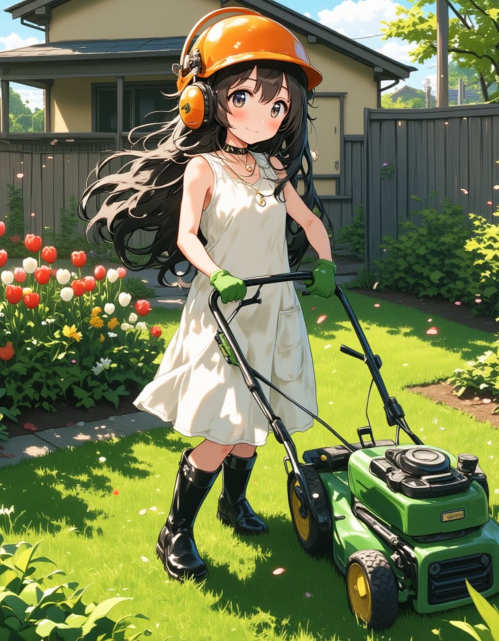 晩春の庭で草刈りをする少女