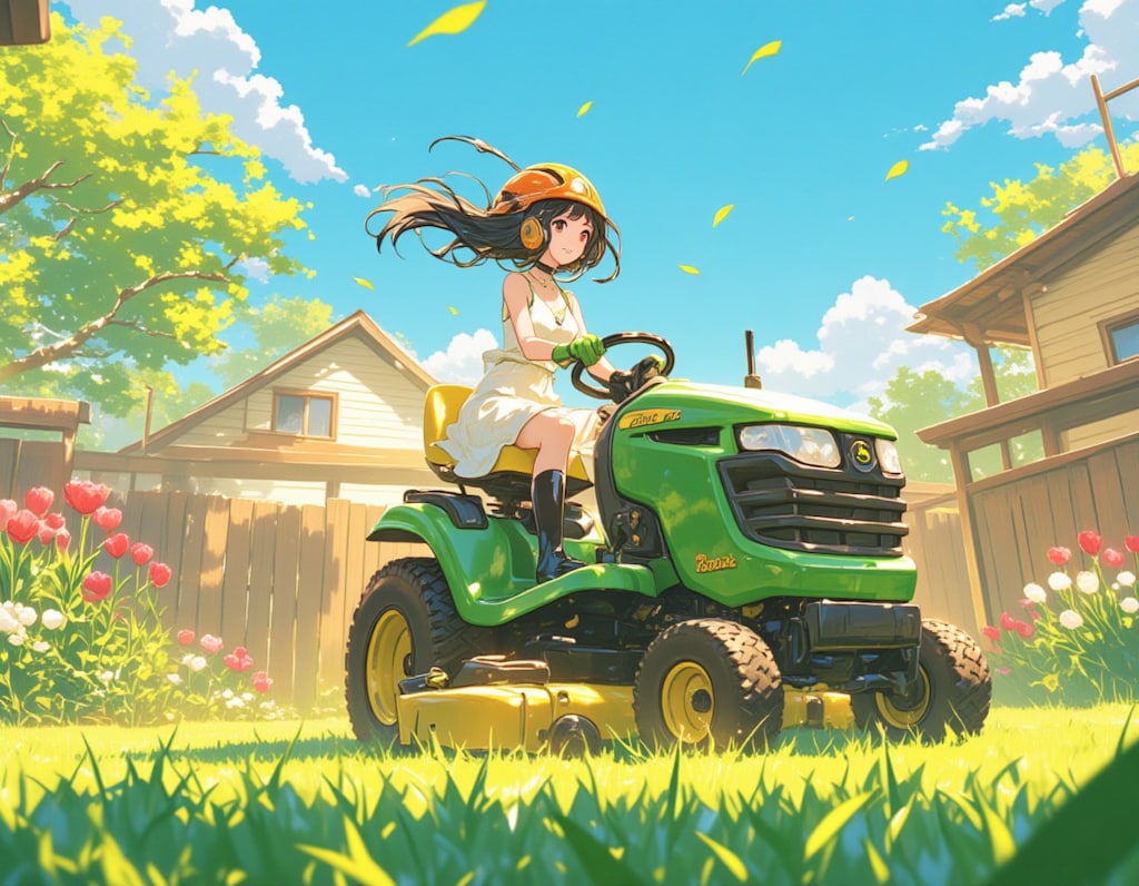 晩春の庭で草刈りをする少女