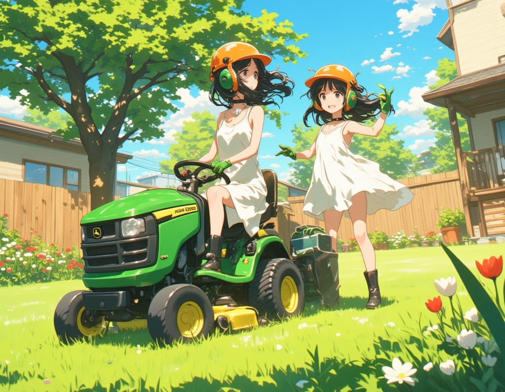 晩春の庭で草刈りをする少女