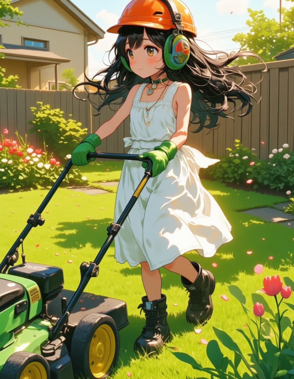 晩春の庭で草刈りをする少女