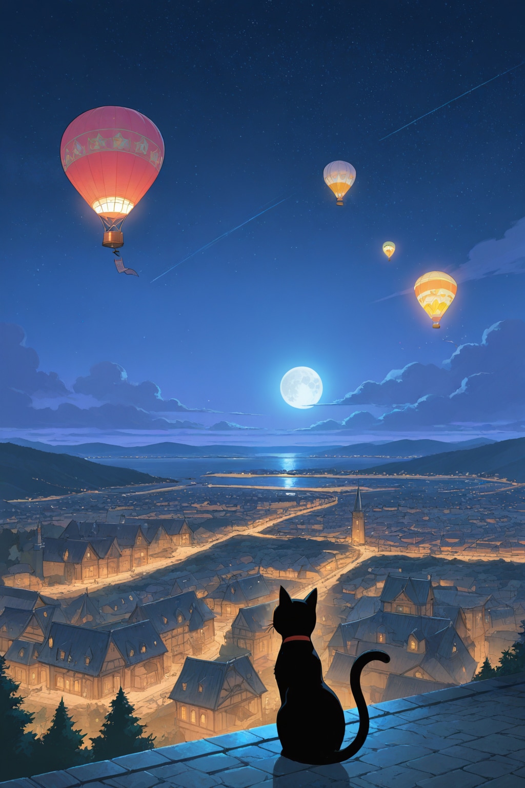 夜空と気球と黒猫