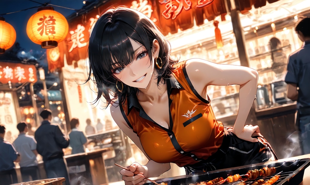 チャオ・リン、夜市の屋台で焼きたてを差し出す姉御肌